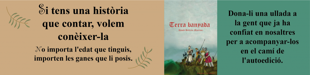 Banner que invita a comprar los libros de literatura que se venden en la web, mostrando la portada del libro Terra banyada y con la ilustración de dos ramas de olivo como decoración en catalán