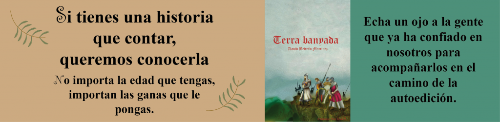 Banner que invita a comprar los libros de literatura que se venden en la web, mostrando la portada del libro Terra banyada y con la ilustración de dos ramas de olivo como decoración