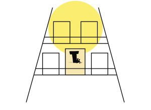 Ilustración de una estantería con un círculo amarillo arriba y un libro de Edicions Talaiots que destaca con el logo
