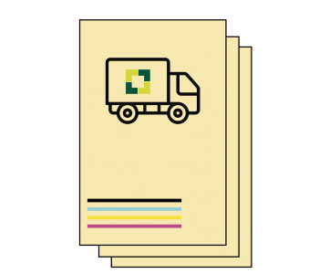 Ilustración de tres páginas una sobre otra, con las líneas de colores del tóner y un cambión con el logo de FNG Logistics