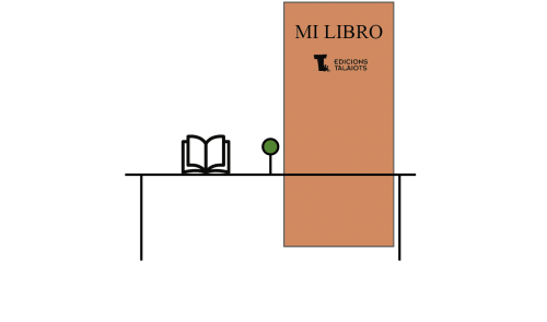Ilustración de un roll-up con la frase Mi Libro y el logo de Edcicións Talaiots, detrás de una ilustración minimalista de una mesa con un micrófono y un libro abierto